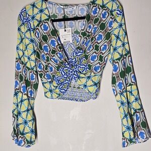 Boho Festival Colorful Twist Crop Top Midriff Flare Long Sleeve Zara Sz S Hippie